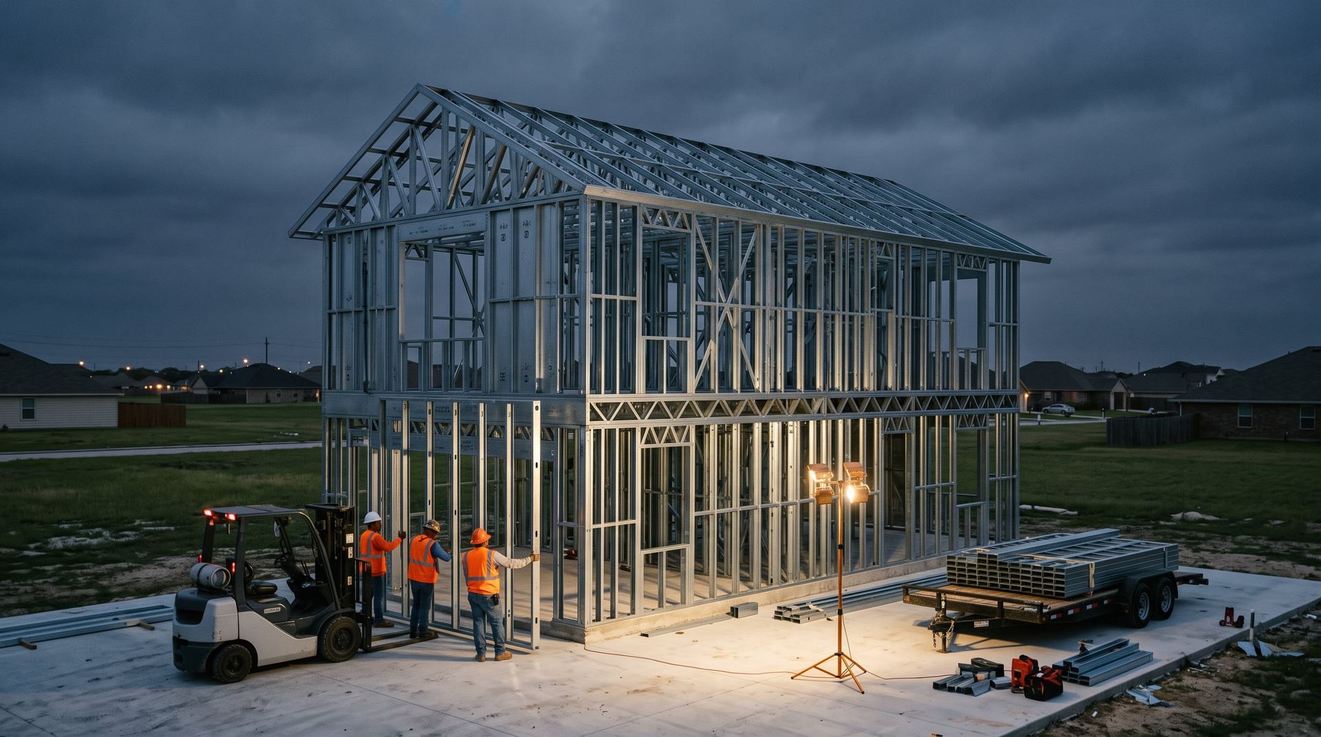Two-storey galvanized steel frame standing on a slab at dusk, crew setting the last wall panel